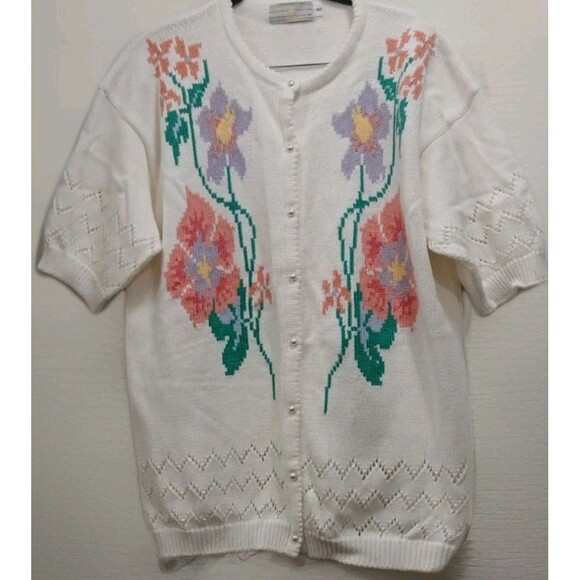 Vintage Bermuda Floral Knit Cardigan Short Sleeve Pearl Buttons Cotton Large - Picture 1 of 8
